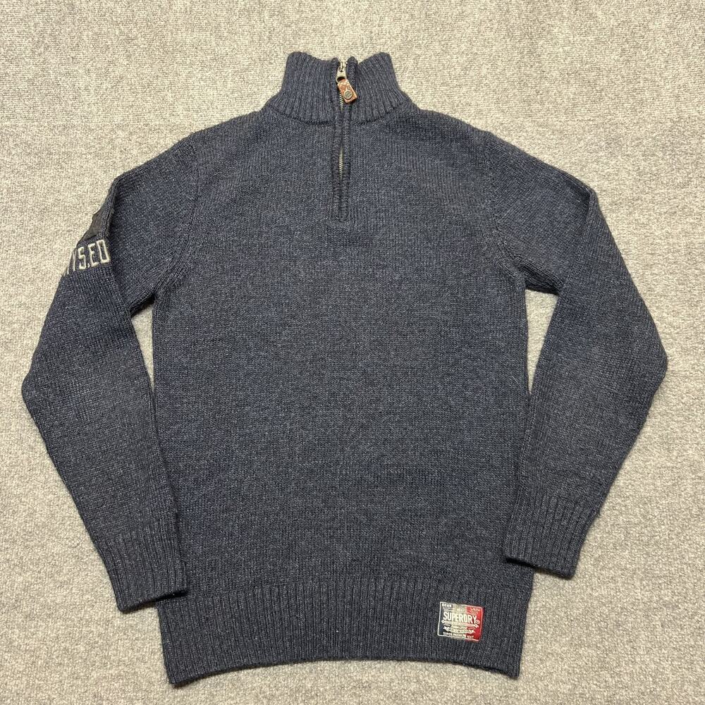 Superdry Sweater Mens Medium Blue 1/4 Zip Mock Neck Pullover Knit Patch Logo